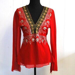 Funky People Tunic Beaded Sequin Blouse Red L